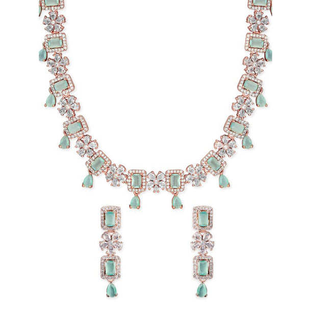 Rubans 22K Rose Gold Plated Mint Green Sapphire & Cubic Zirconia Studded Jewelry Set Design