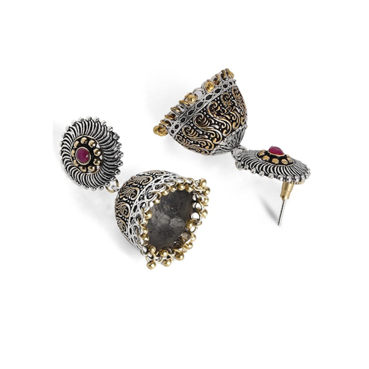 Rubans Silver Plated Handcrafted Oxidised Dual Tone Jhumka Earrings