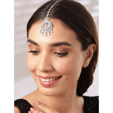 Rubans Silver Plated Handcrafted Crystal & AD Stone Studded Maangtika.