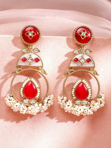 Festive Glam Red Stones & Pearls Danglers Earrings