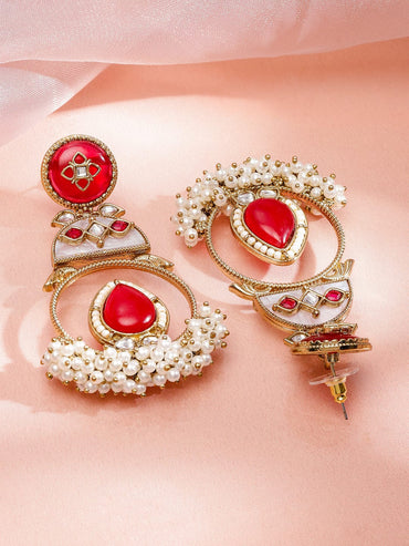 Festive Glam Red Stones & Pearls Danglers Earrings