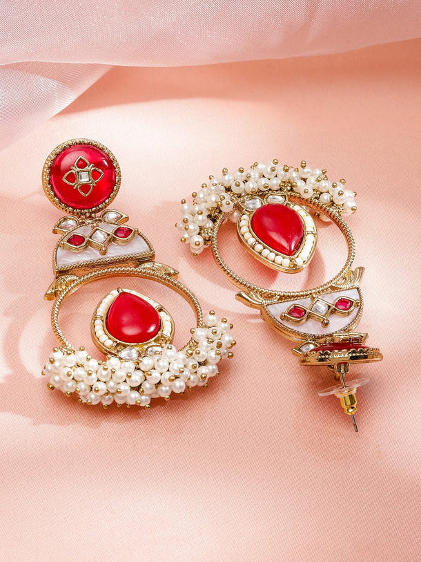 Festive Glam Red Stones & Pearls Danglers Earrings