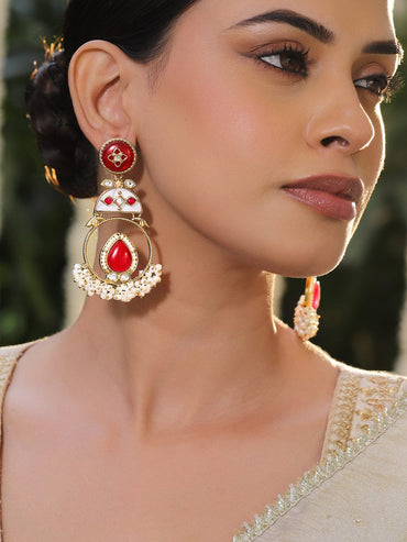 Festive Glam Red Stones & Pearls Danglers Earrings