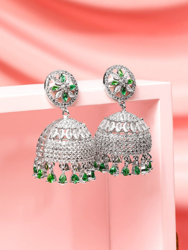 Festive Glow Green American Diamond Zirconia Jhumka Earrings