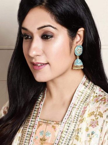 Rubans Enamel Hand Painted Stone Studded Gold Toned Jhumka Earring