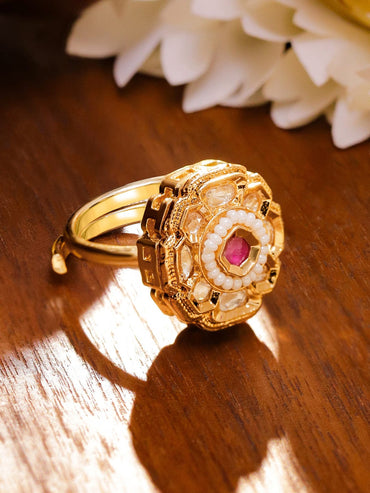 Floral Arc Kundan Pink Ring Rings