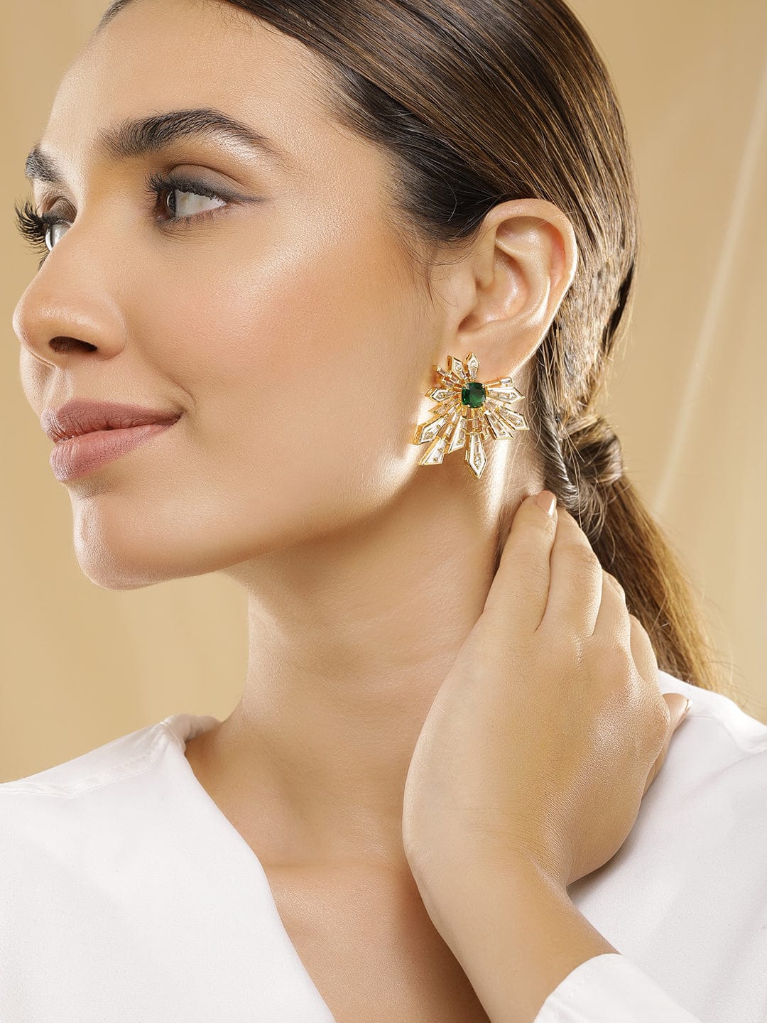 Floral Geometry Green & White Statement Studs Earrings