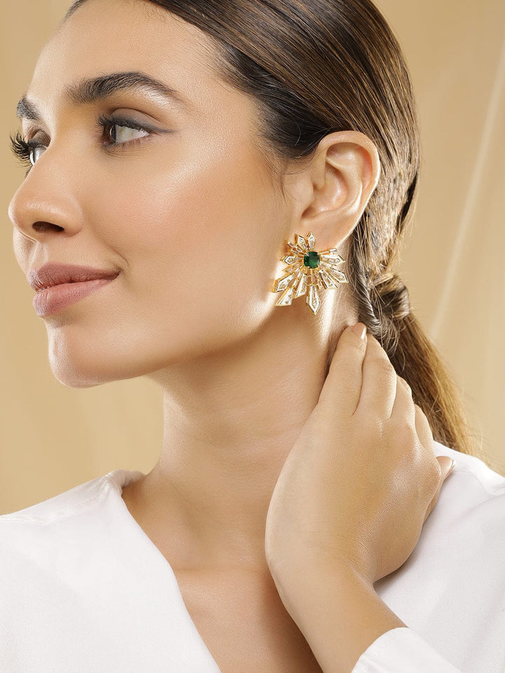Floral Geometry Green & White Statement Studs Earrings