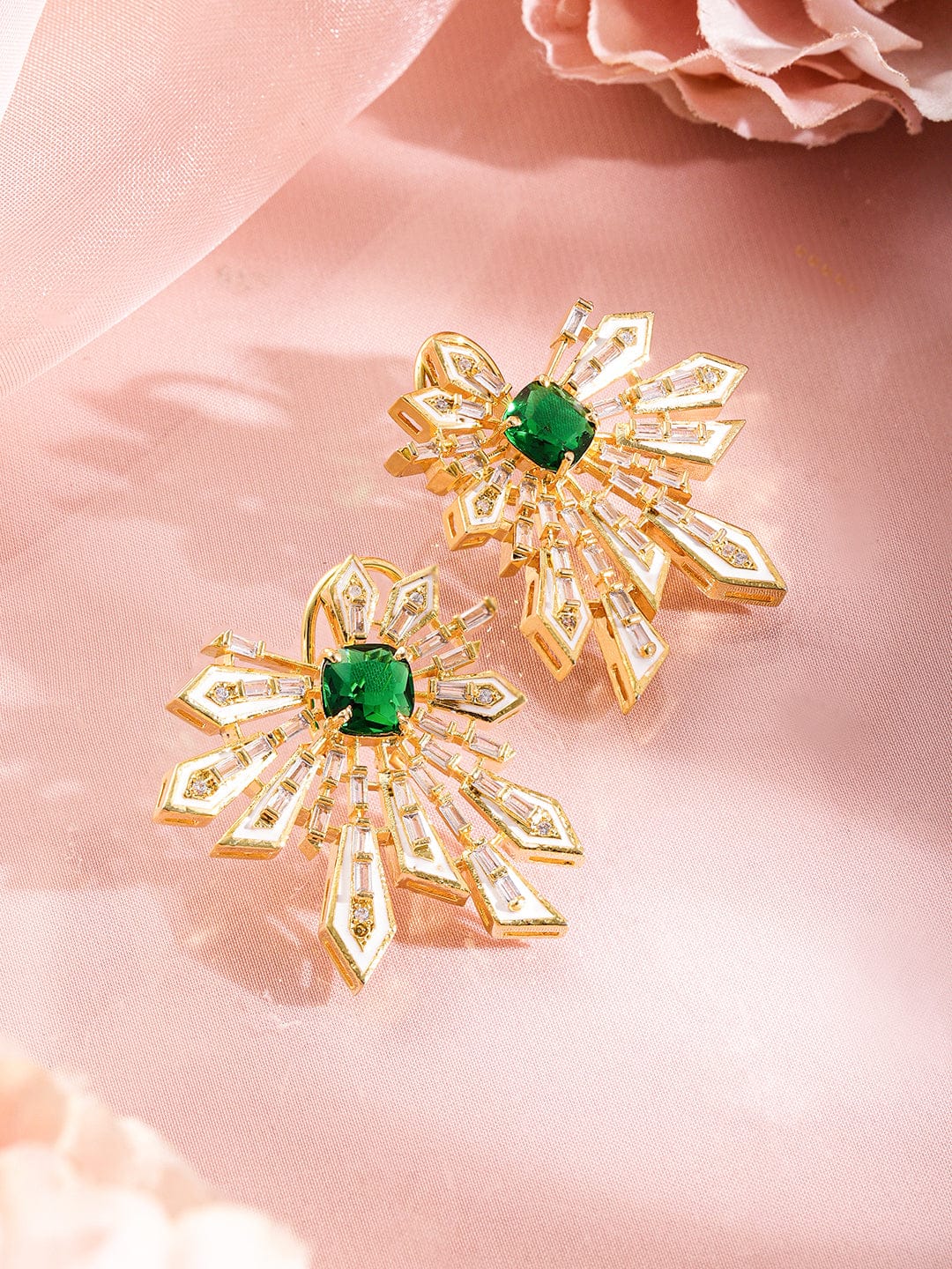Floral Geometry Green & White Statement Studs Earrings