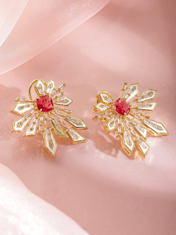 Floral Geometry Red & White Statement Studs Earrings