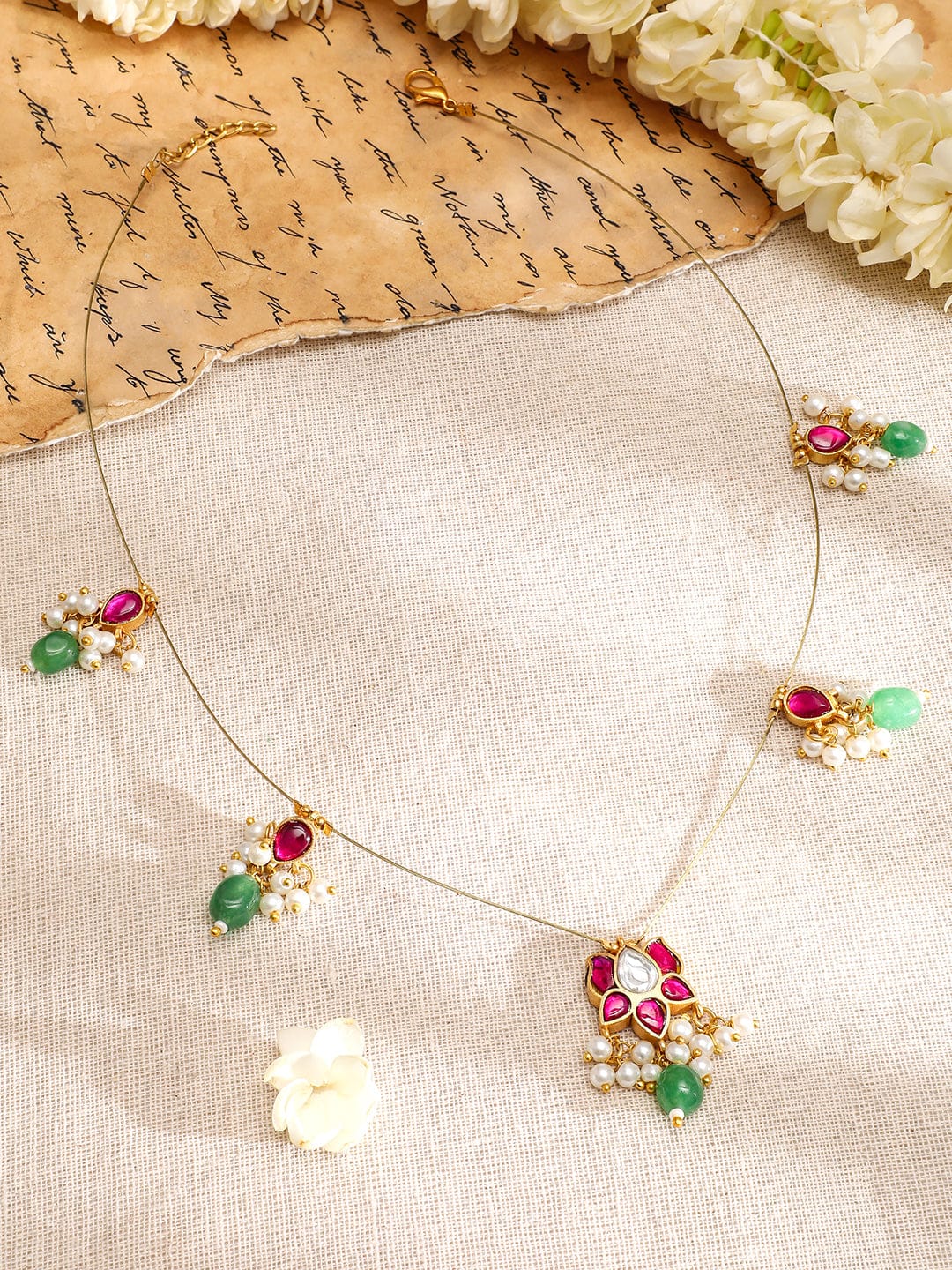 Floral Pink & Green Kundan Chain Necklace Necklace & Chains