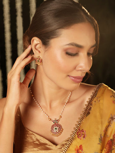 Floral Radiance Pearl Beaded Chain with Kemp Stone Floral Motif Jewelry Set Jewellery Set