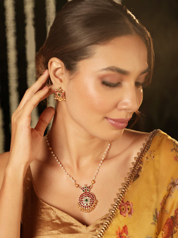 Floral Radiance Pearl Beaded Chain with Kemp Stone Floral Motif Jewelry Set Jewellery Set