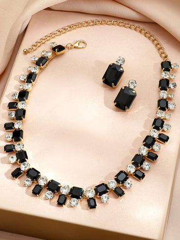 Geometric Contemporary Black Crystal Necklace Set Jewellery Set