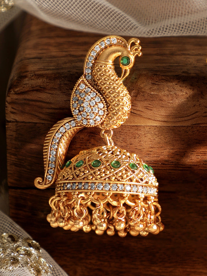 Gilded Elegance 22k Gold  plated AD Peacock Design Jhumka Charms Earrings