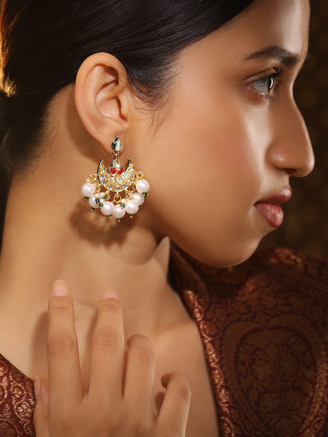 Gleaming Pearls Green Drop Kundan Earrings Earrings