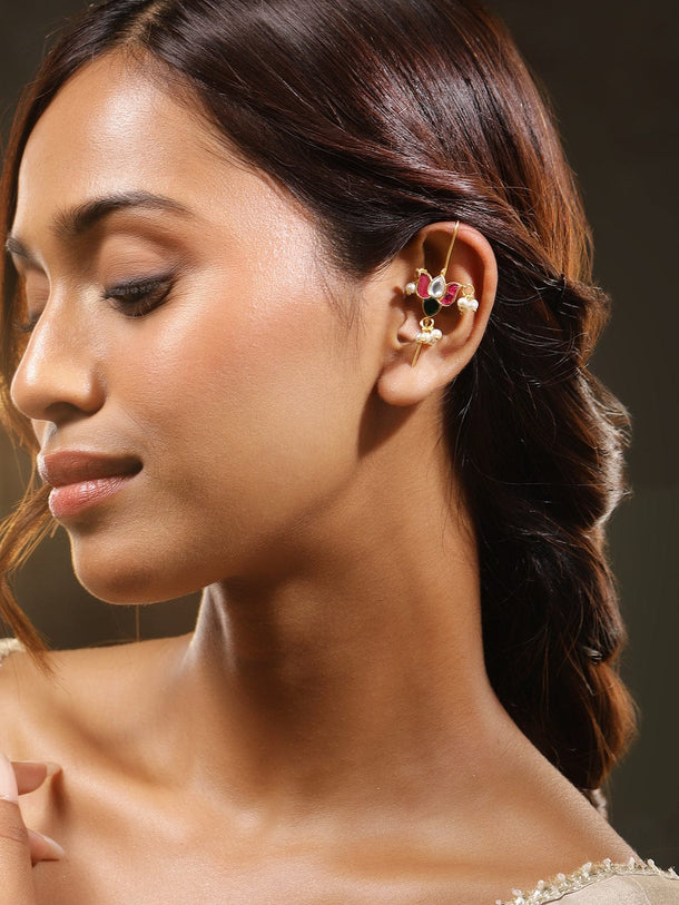 Gleaming White Pink Kundan Ear Cuffs Earrings