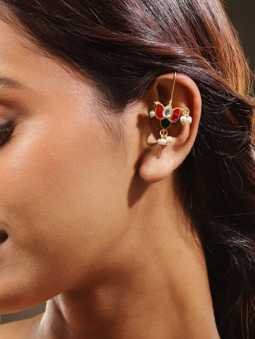 Gleaming White Pink Kundan Ear Cuffs Earrings