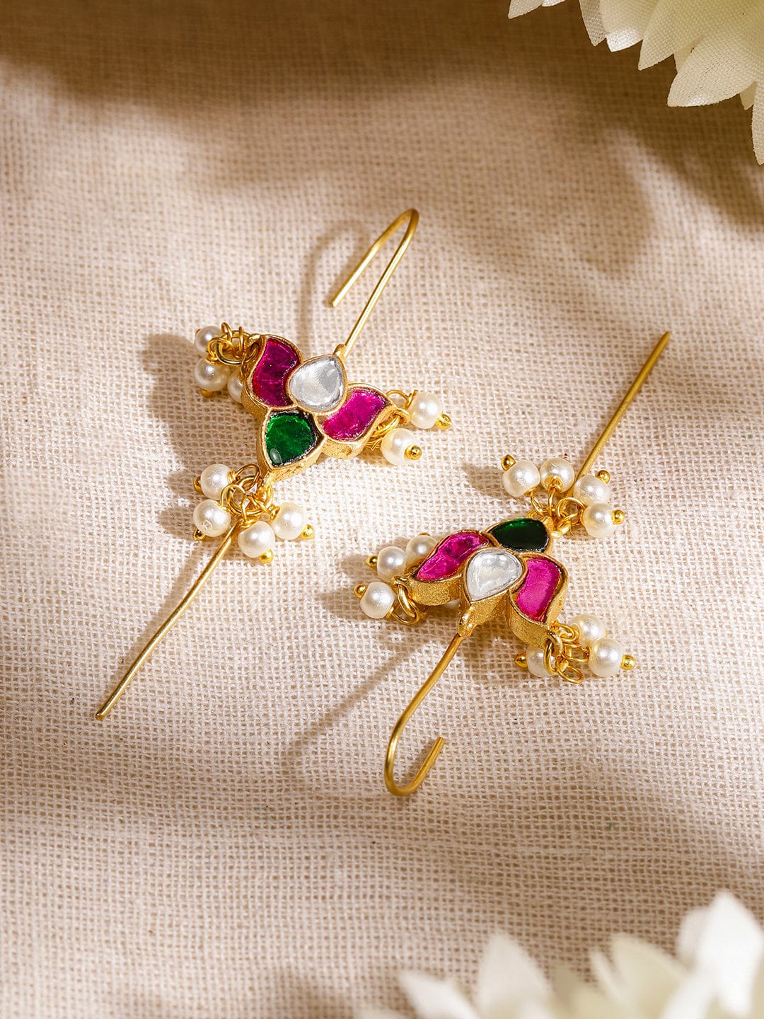Gleaming White Pink Kundan Ear Cuffs Earrings
