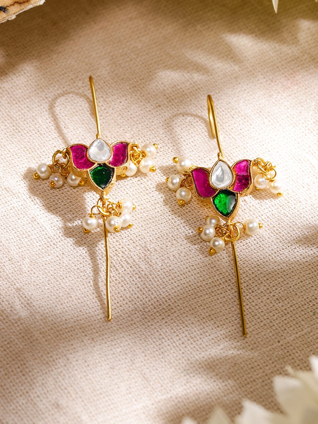 Gleaming White Pink Kundan Ear Cuffs Earrings