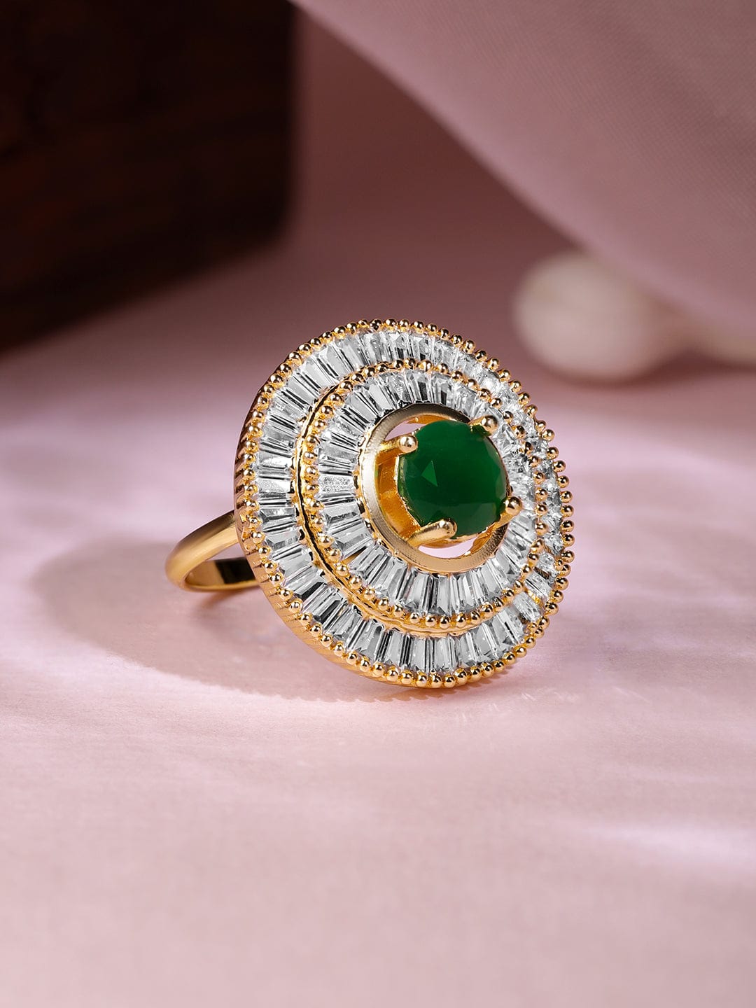 Gold Plated CZ Stone Studded with Green Stone Ring Rings