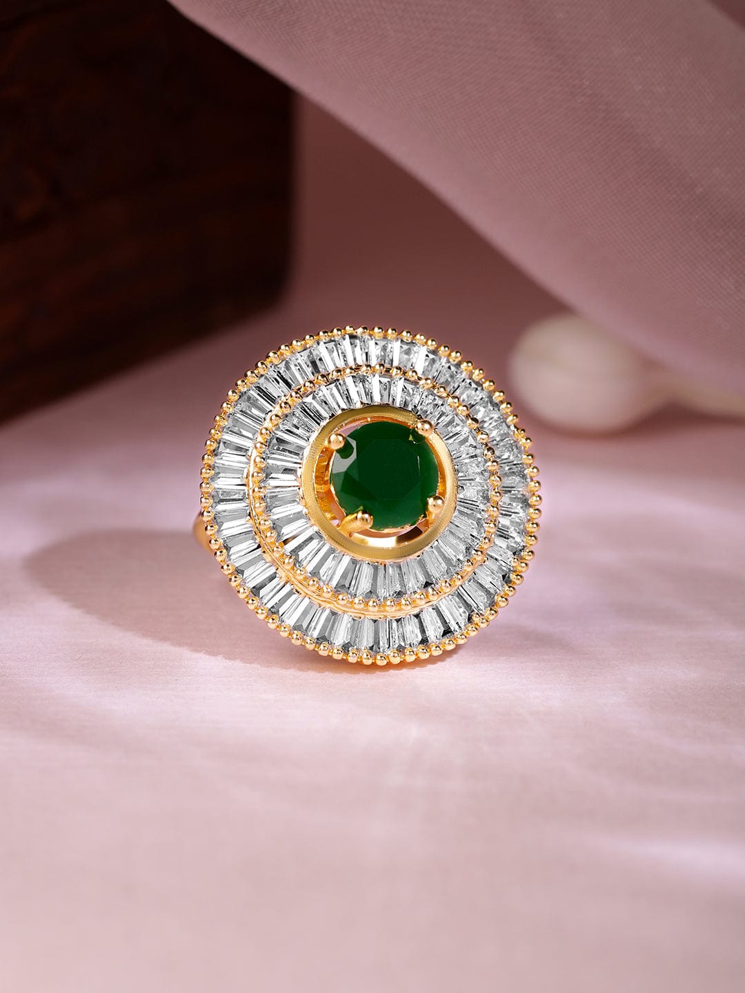 Gold Plated CZ Stone Studded with Green Stone Ring Rings