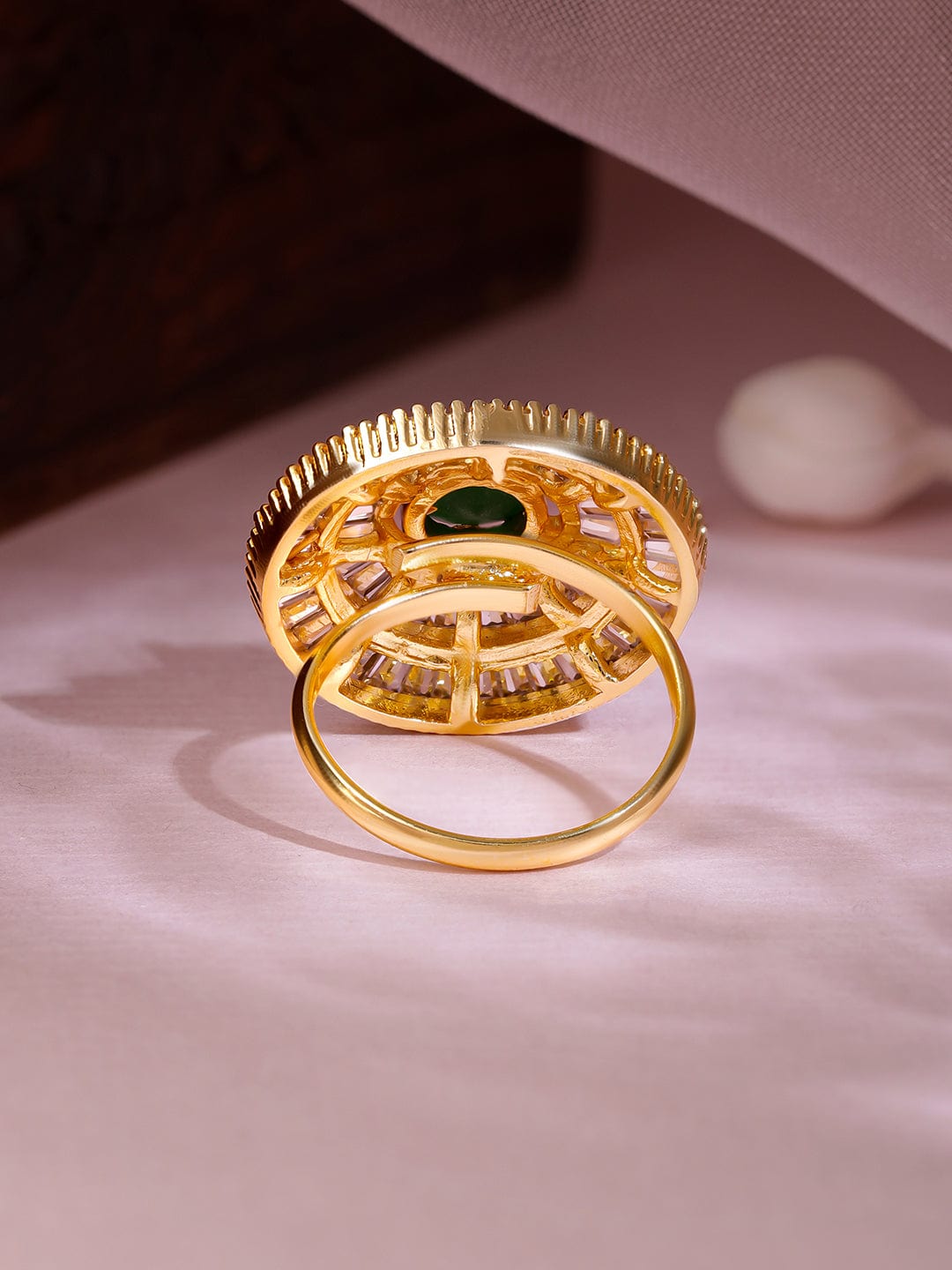 Gold Plated CZ Stone Studded with Green Stone Ring Rings