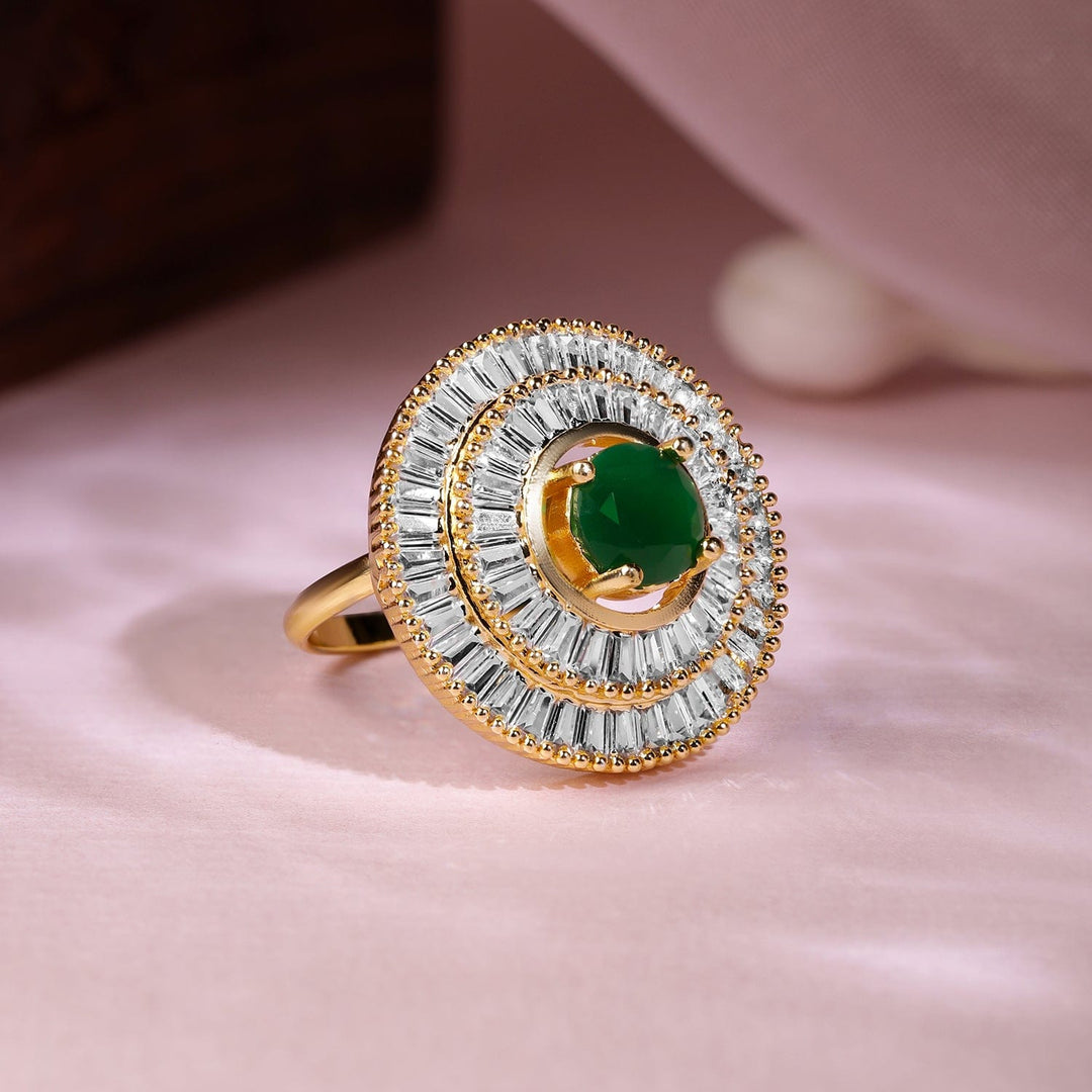 Gold Plated CZ Stone Studded with Green Stone Ring Rings