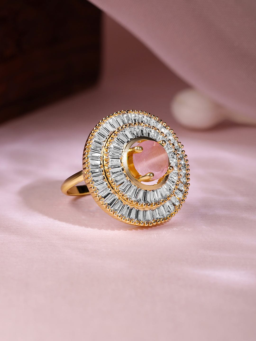 Gold Plated CZ Stone Studded with Pink Stone Ring Rings