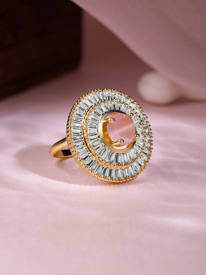 Gold Plated CZ Stone Studded with Pink Stone Ring Rings