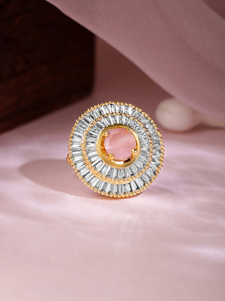 Gold Plated CZ Stone Studded with Pink Stone Ring Rings