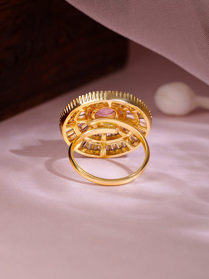 Gold Plated CZ Stone Studded with Pink Stone Ring Rings