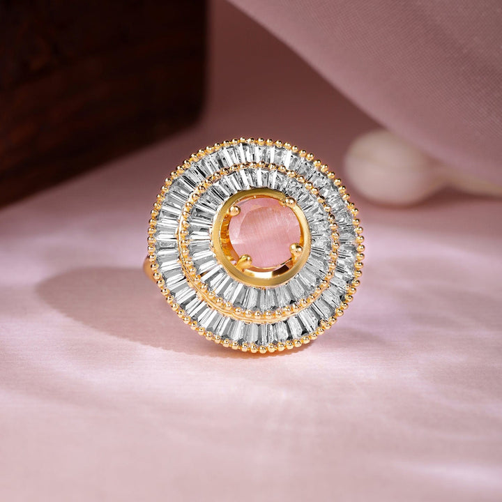 Gold Plated CZ Stone Studded with Pink Stone Ring Rings