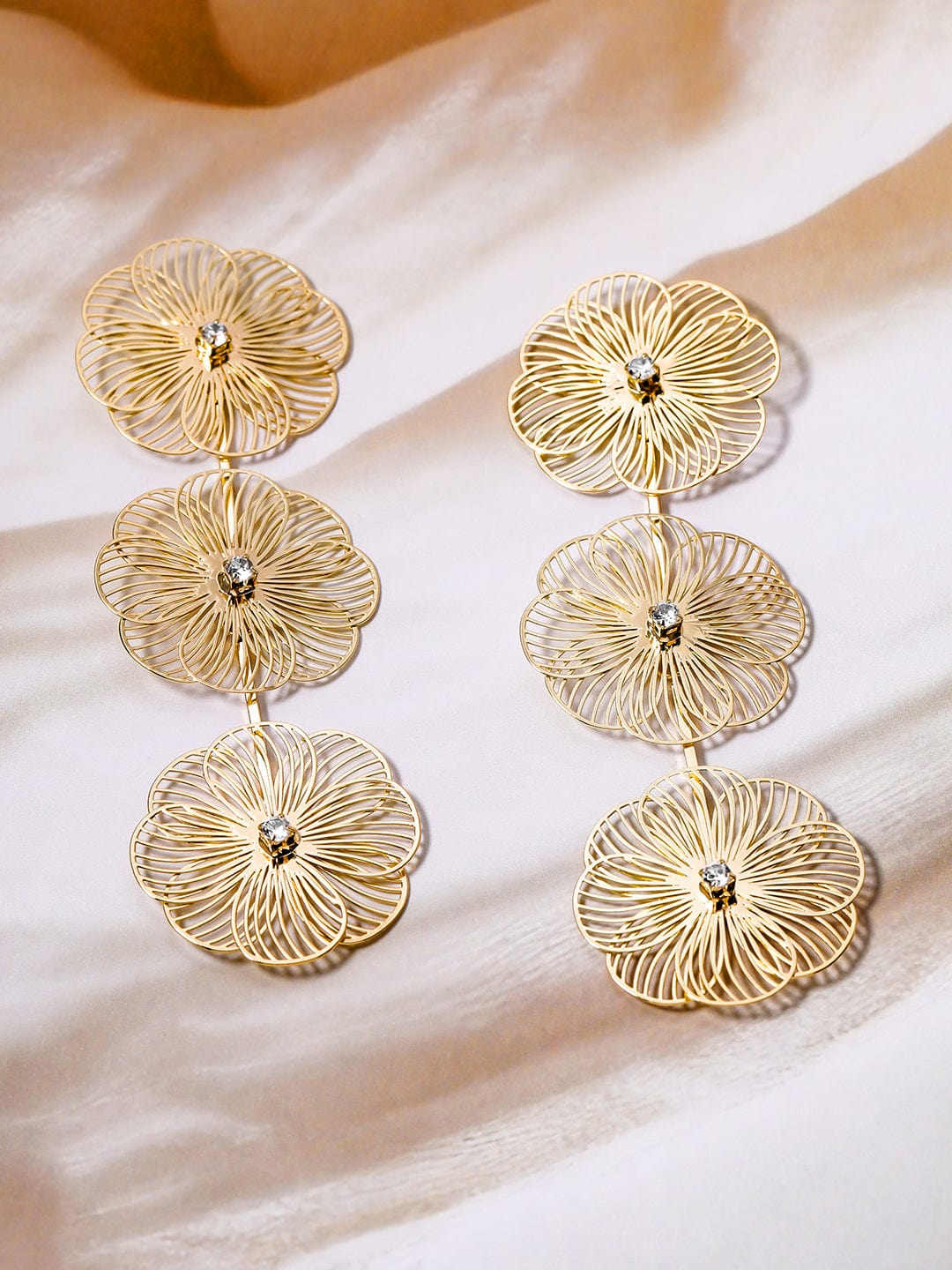 Gold-Plated Floral Drop Earrings with Crystal Accents Drop Earrings