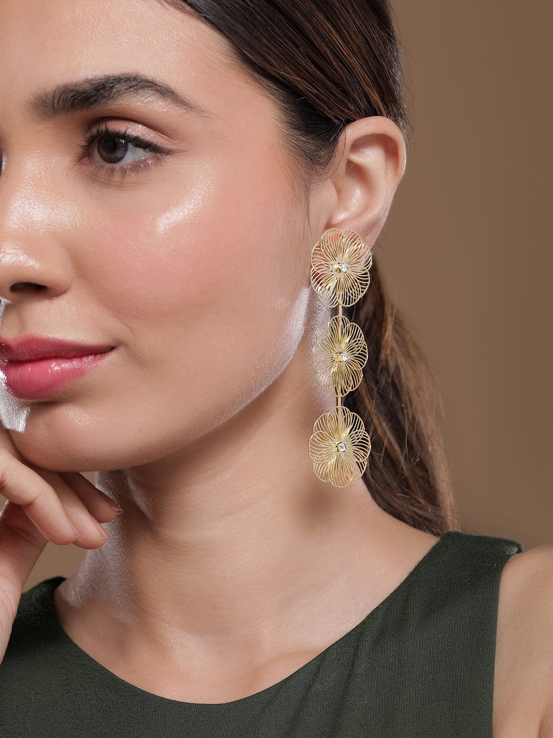 Gold-Plated Floral Drop Earrings with Crystal Accents Drop Earrings