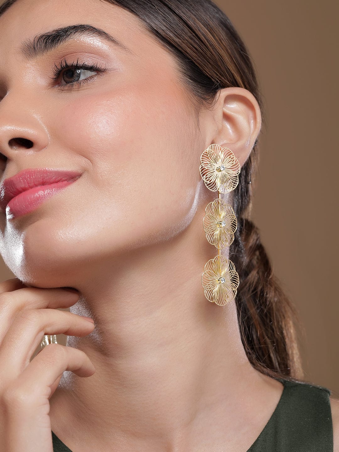 Gold-Plated Floral Drop Earrings with Crystal Accents Drop Earrings