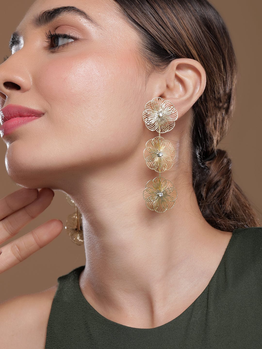 Gold-Plated Floral Drop Earrings with Crystal Accents Drop Earrings