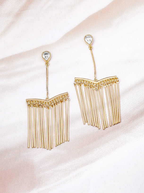 Gold-Plated Fringe Drop Earrings with Teardrop Crystal Studs Drop Earrings