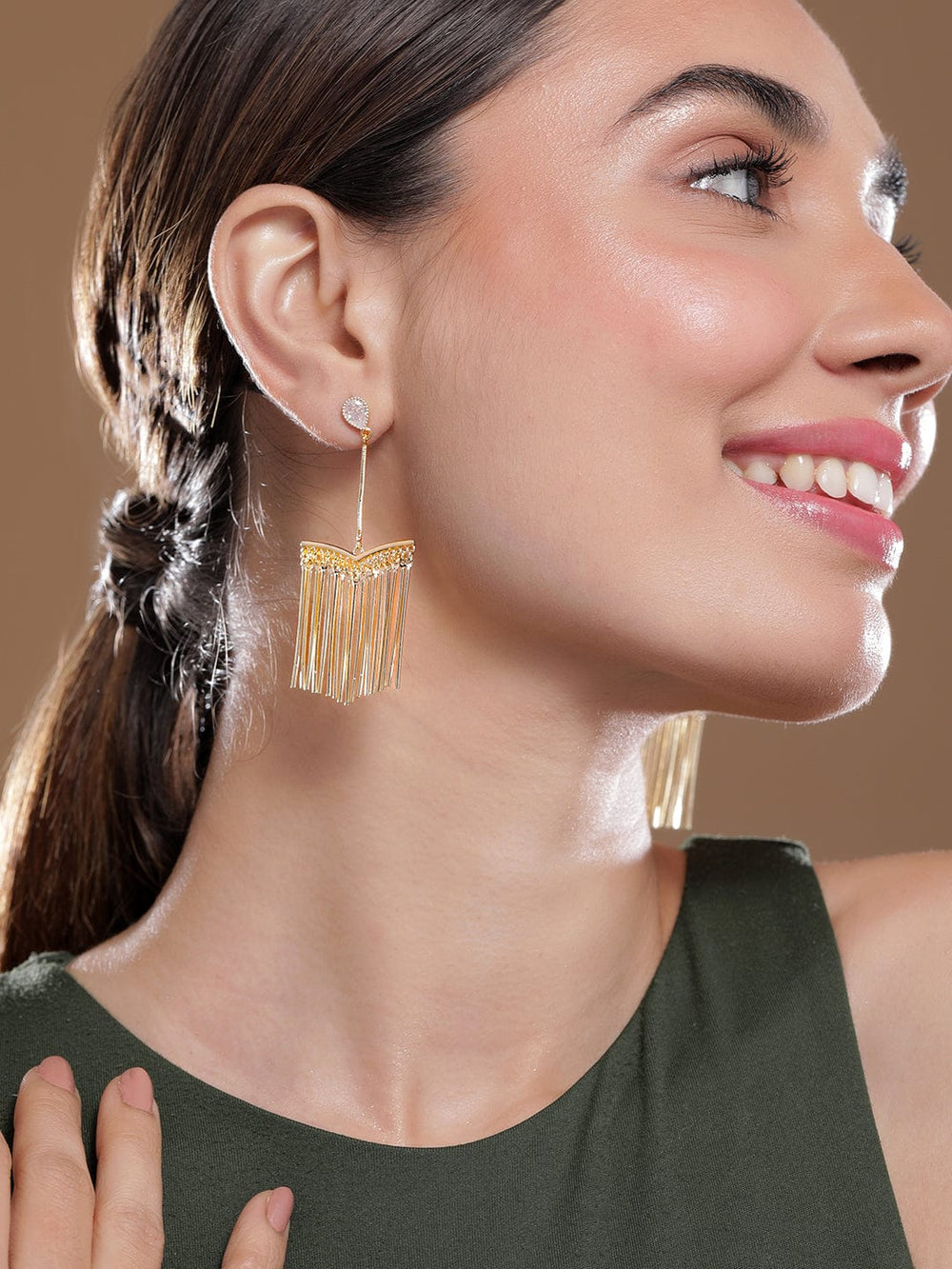 Gold-Plated Fringe Drop Earrings with Teardrop Crystal Studs Drop Earrings