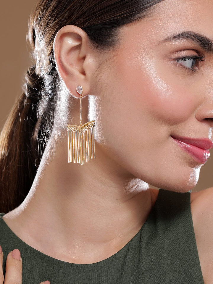 Gold-Plated Fringe Drop Earrings with Teardrop Crystal Studs Drop Earrings