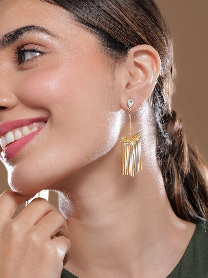 Gold-Plated Fringe Drop Earrings with Teardrop Crystal Studs Drop Earrings