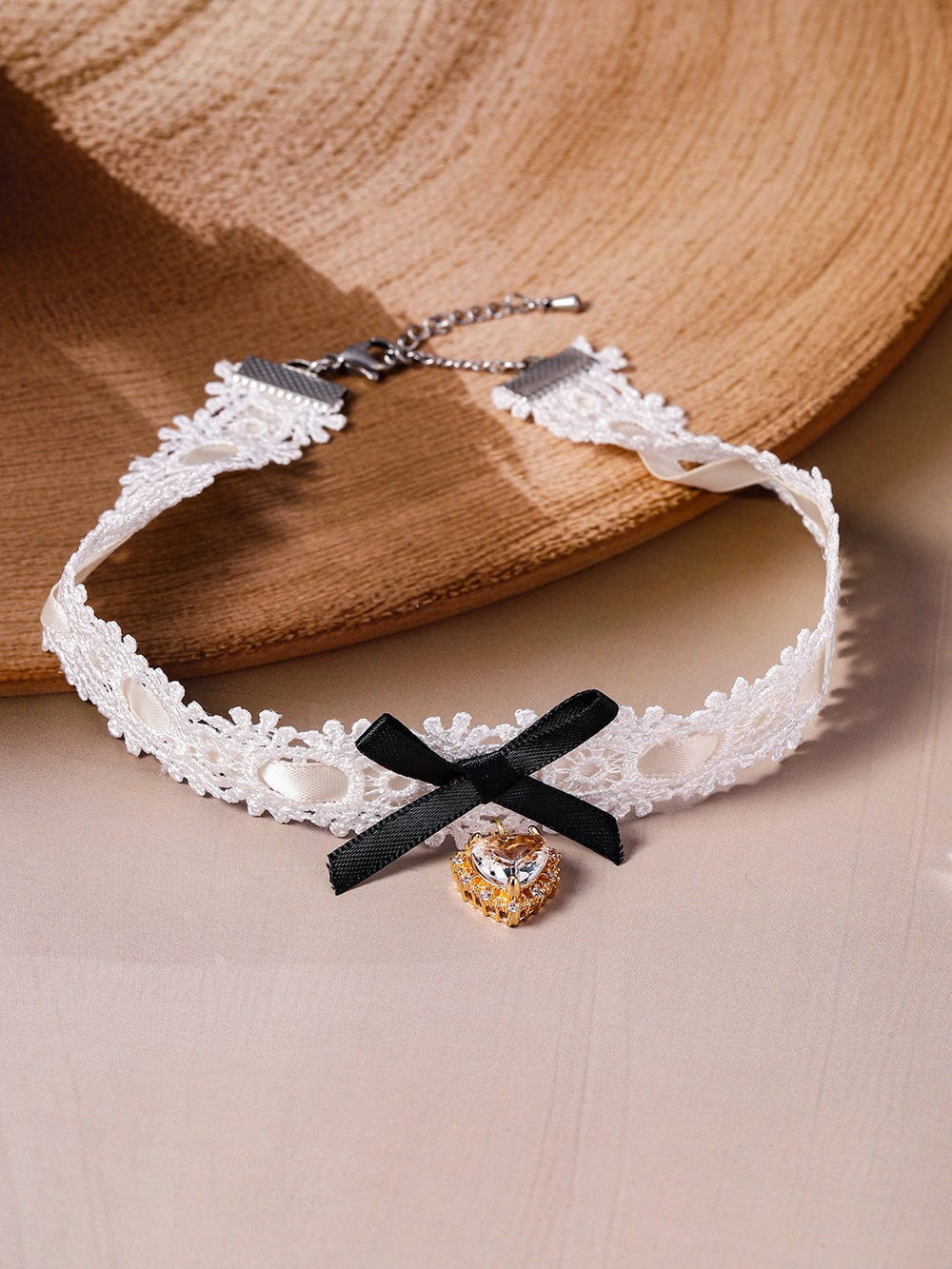 Gold-Plated Heart Pendant with White Lace Choker Necklace