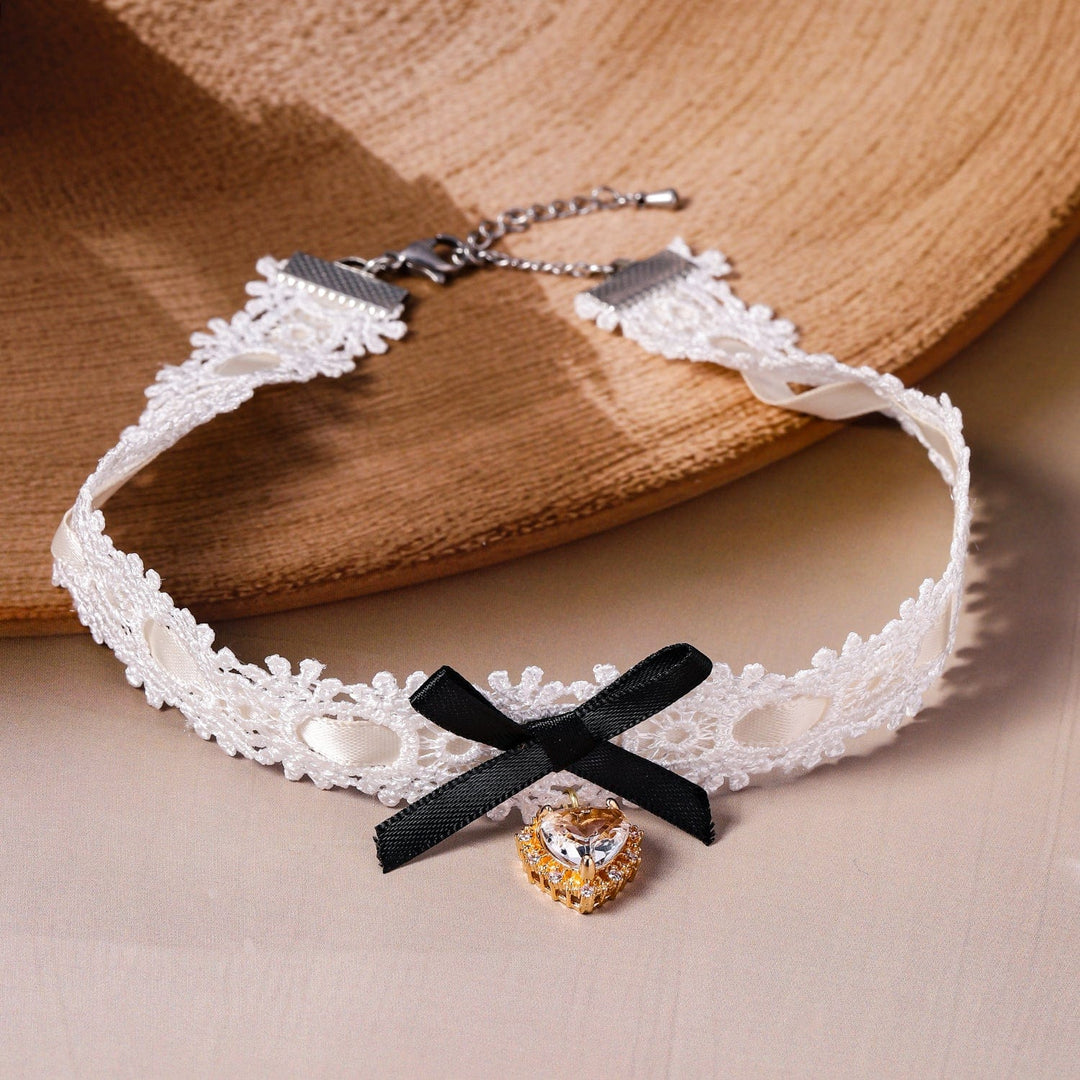 Gold-Plated Heart Pendant with White Lace Choker Necklace