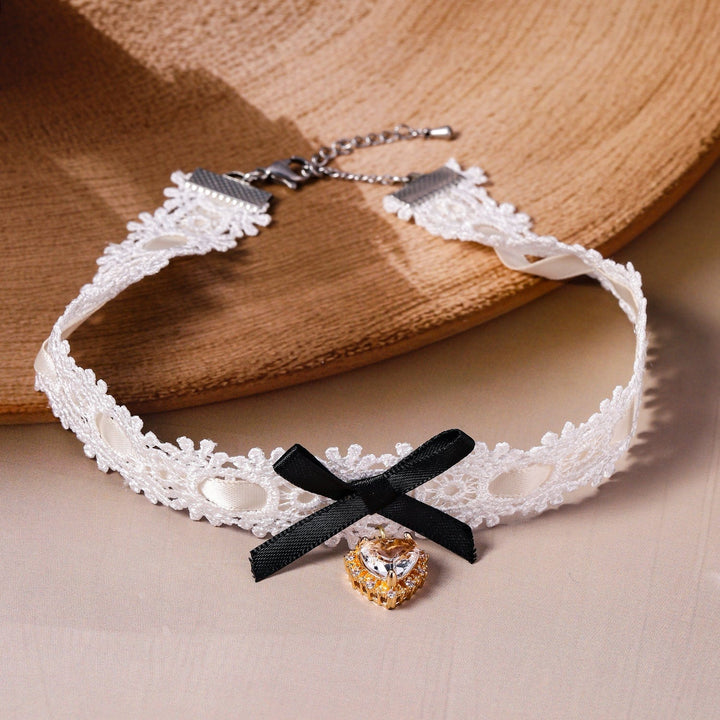 Gold-Plated Heart Pendant with White Lace Choker Necklace