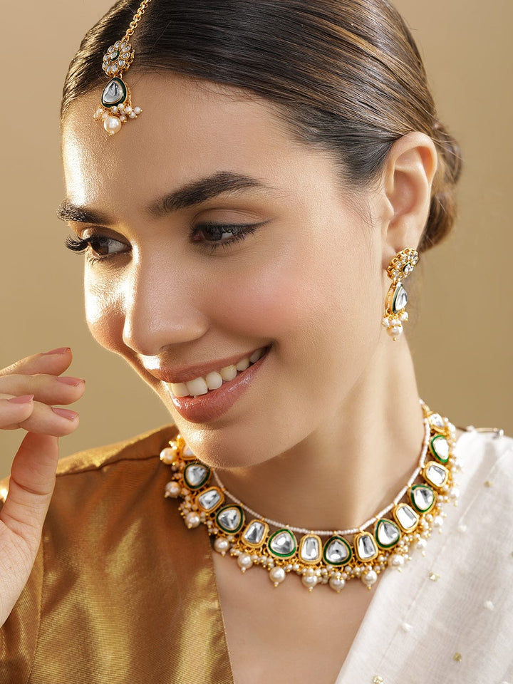 Gold Plated Kundan & Green Enamelled with White Pearls Jewellery Set Necklace Set