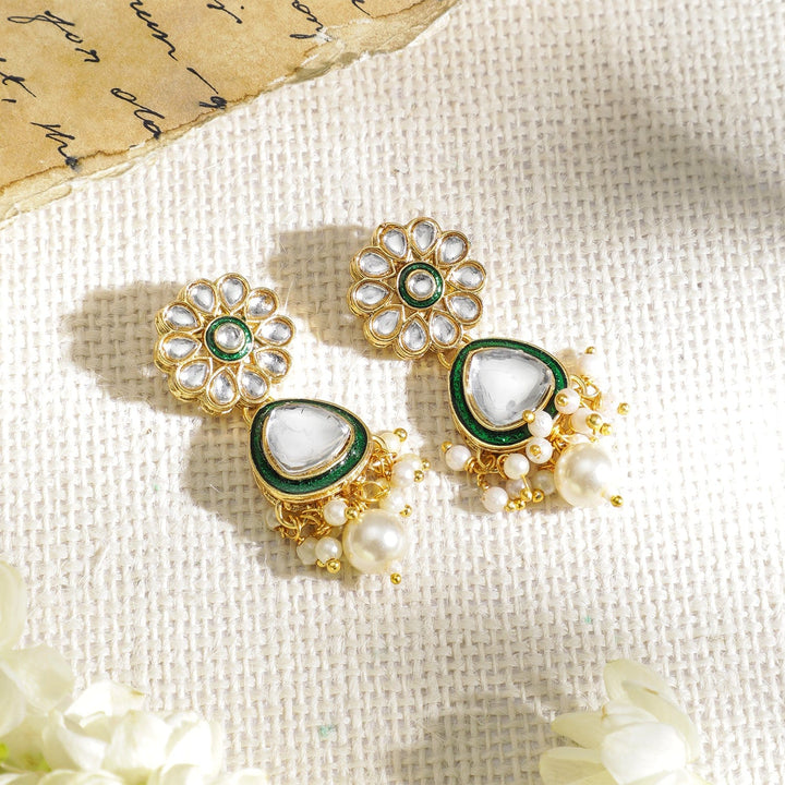 Gold Plated Kundan & Green Enamelled with White Pearls Jewellery Set Necklace Set