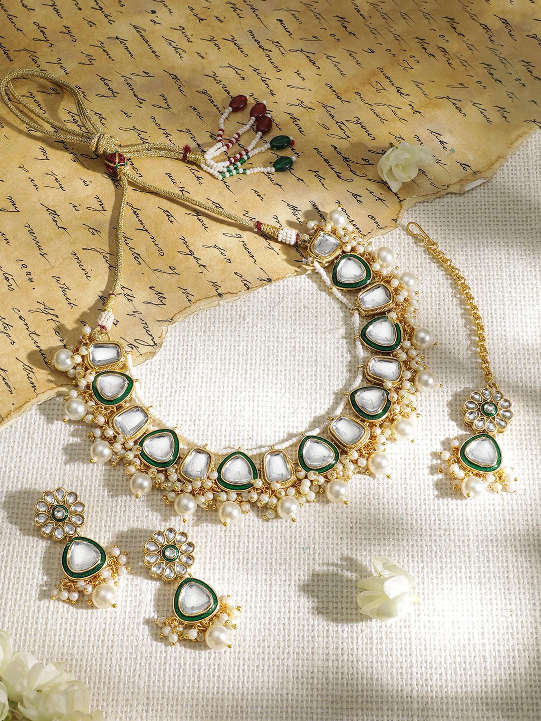 Gold Plated Kundan & Green Enamelled with White Pearls Jewellery Set Necklace Set