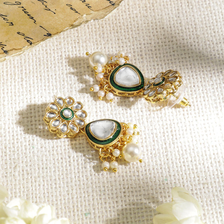 Gold Plated Kundan & Green Enamelled with White Pearls Jewellery Set Necklace Set