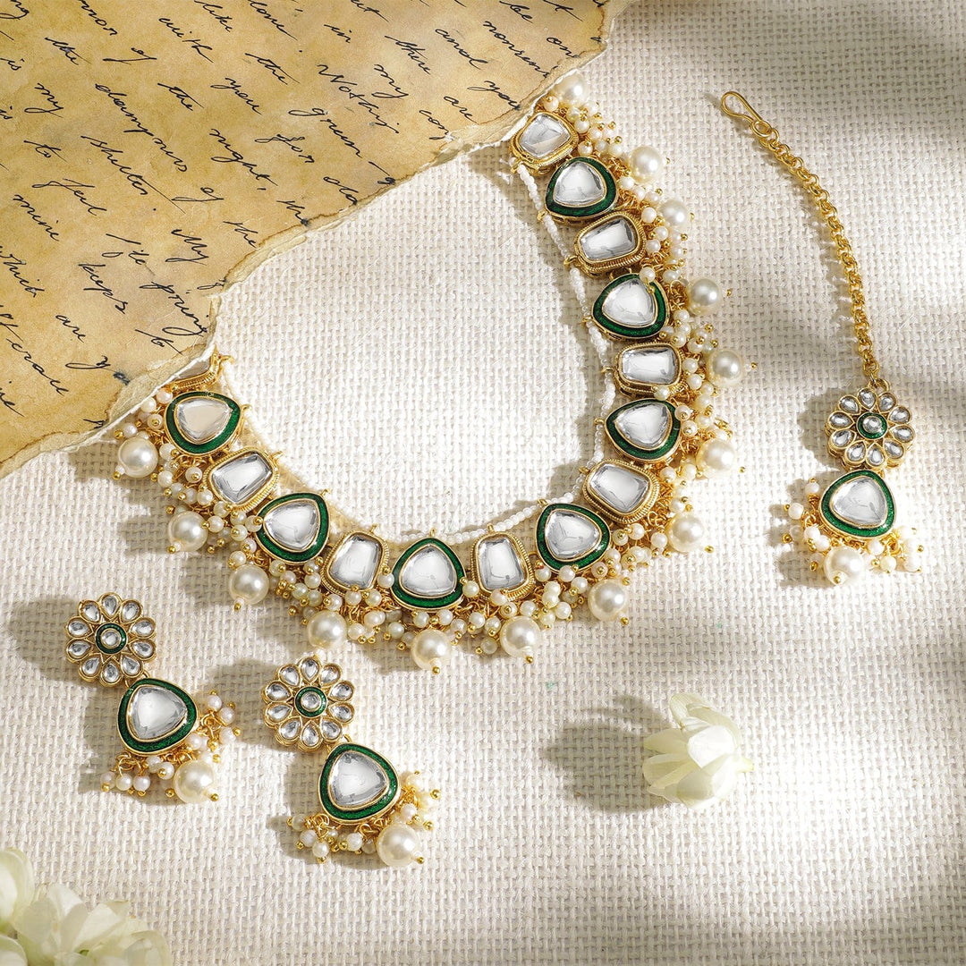 Gold Plated Kundan & Green Enamelled with White Pearls Jewellery Set Necklace Set