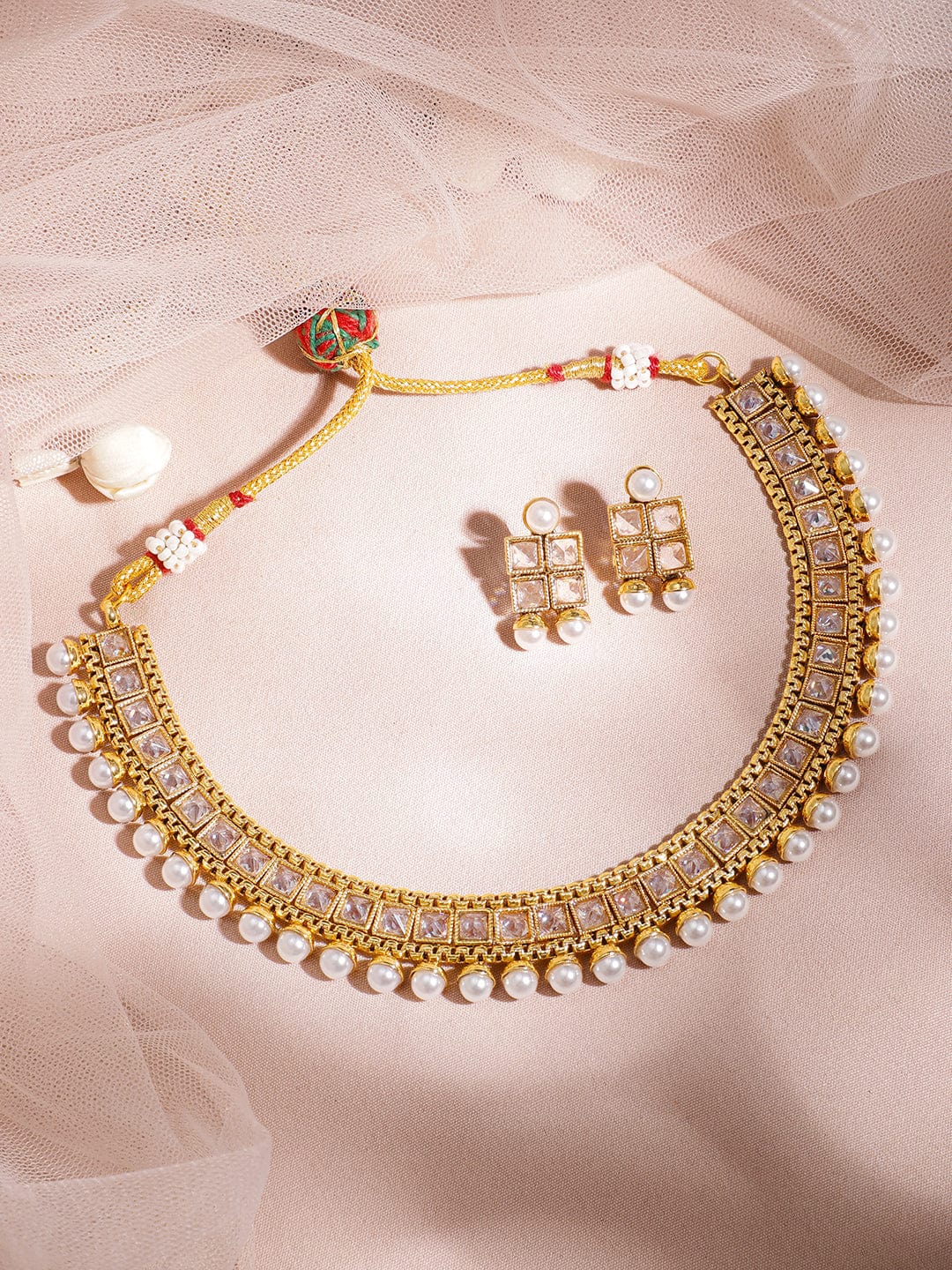 Gold Plated Kundan Stone Studded with White Pearls Necklace Set Jewellery Set